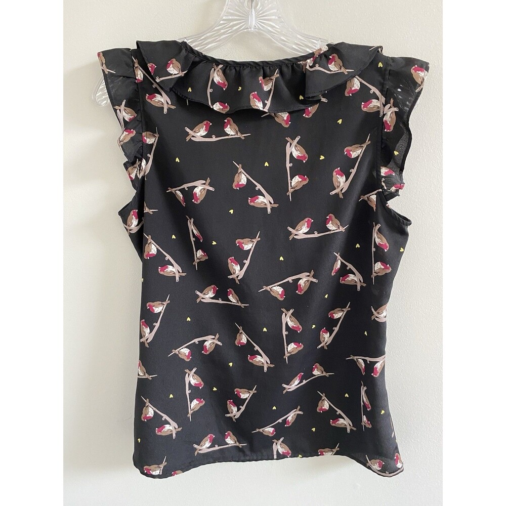 Banana Republic Petite PM Black Robin Bird Ruffle Flounce Neck Sleeveless Blouse - Picture 4 of 5